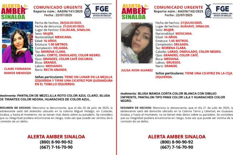 Activan Alerta Amber en Culiacán y Guasave por desaparición de dos adolescentes