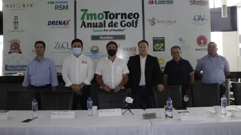 Alejandro Valdez, Daniel Tapia, David Bon, Pablo Trizón, Humberto Gómez y Juan Carlos Hernández, en la presentación del Torneo Anual de Golf “Juntos por el hambre”.