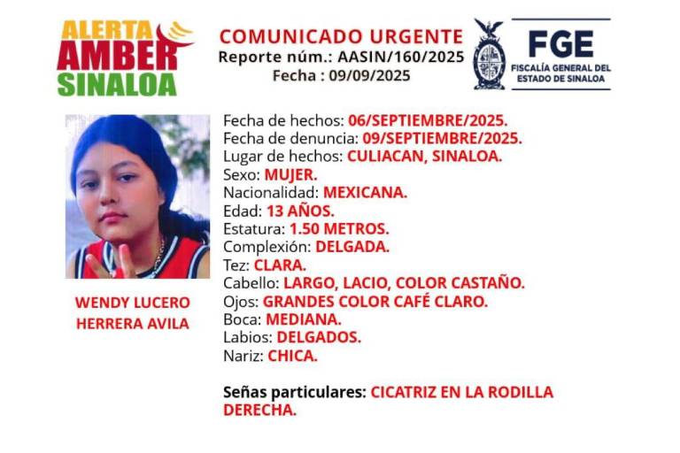 Wendy Lucero, de 13 años, desapareció en Culiacán desde el 6 de septiembre