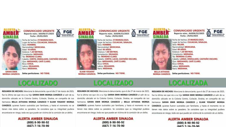 Autoridades desactivaron 10 alertas Ámber tras hallar a los menores reportados como desaparecidos en distintos municipios de Sinaloa, entre ellos los hermanos Morga Canzeco.
