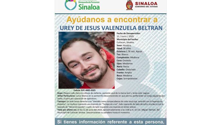 La Comisión Estatal de Búsqueda pide el apoyo de la ciudadanía para localizar a Urey de Jesús Valenzuela.