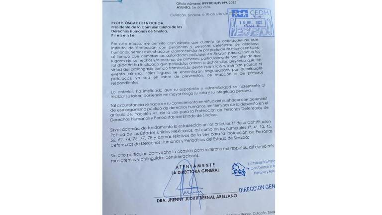 El Instituto para la Protección de Personas Defensoras de Derechos Humanos y Periodistas pide la intervención de CEDH para garantizar la presencia oportuna de cuerpos de seguridad en escenas de crímenes en Sinaloa.