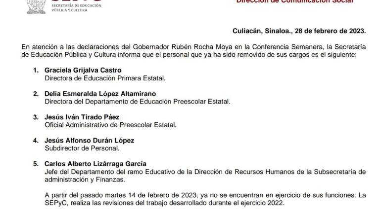 El Gobernador de Sinaloa informó que los funcionarios se beneficiaron con plazas y horas laborales.