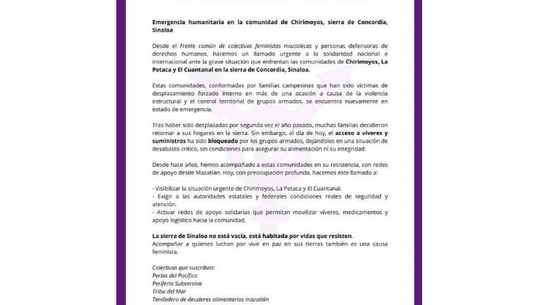 El Frente Común de Colectivas Feministas Mazatlecas y personas defensoras de derechos humanos informaron de la situación en la sierra de Concordia.