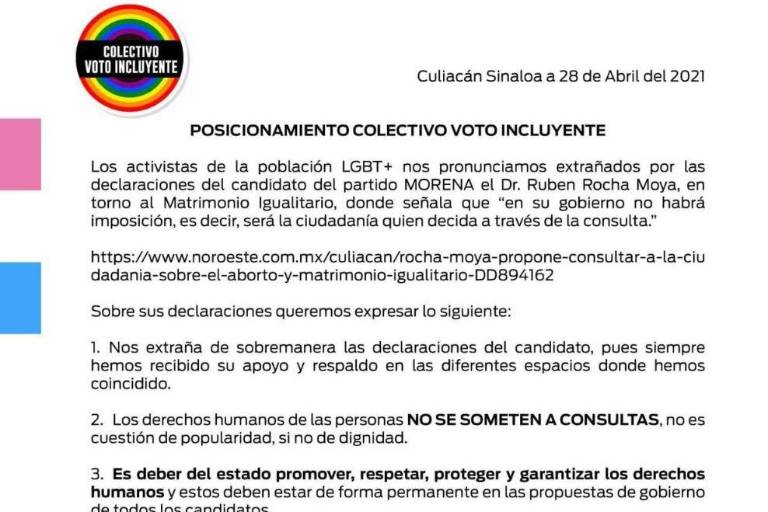 Rechaza comunidad LGBT+ propuesta de Rocha de someter a consulta el matrimonio igualitario