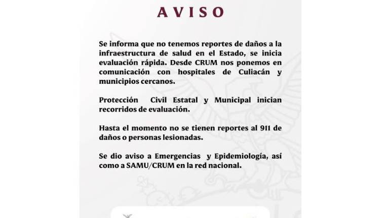 Salud envió un comunicado donde descarta daños en la infraestructura de hospitales por temblor.