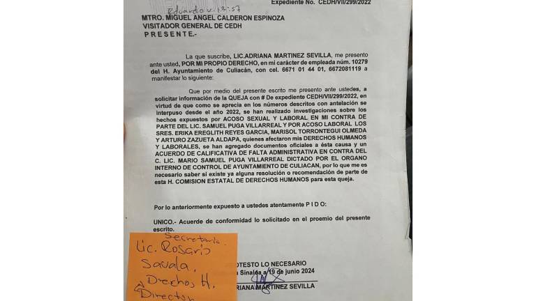 Adriana Martínez Sevilla denuncia falta de atención a su caso de acoso laboral y sexual en el Ayuntamiento de Culiacán.