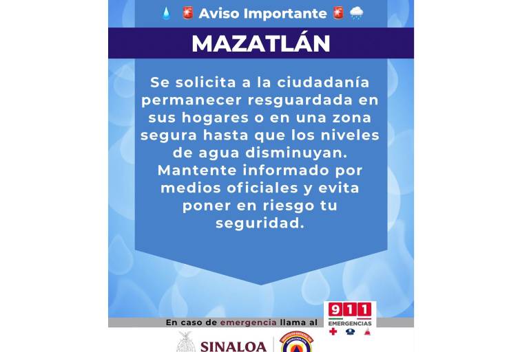 Protección Civil llama a resguardarse ante intensas lluvias y riesgo de inundaciones en Mazatlán