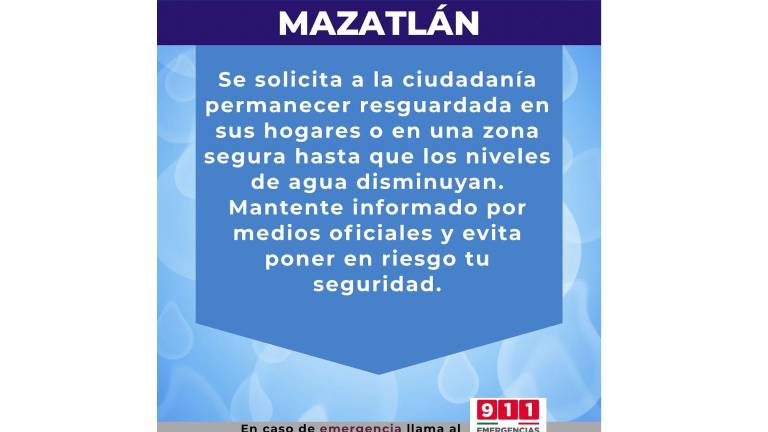 Autoridades de Protección Civil recomiendan a la ciudadanía mantenerse en casa y evitar zonas inundadas ante la persistencia de lluvias fuertes en Mazatlán.