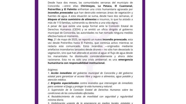 Comunidades de la sierra de Concordia enfrentan desabasto de agua y alimentos tras incendios y bloqueos, denuncian colectivos feministas.