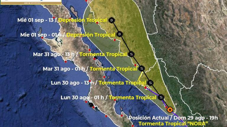 Trayectoria más actualizada de la tormenta tropical Nora.