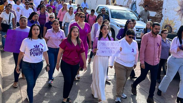 Con pancartas, los asistentes a la marcha recorren las principales calles de El Rosario.