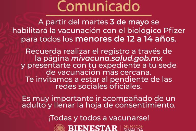Menores de 12 a 14 años podrán acceder a vacuna contra Covid a partir del 3 de mayo en Sinaloa