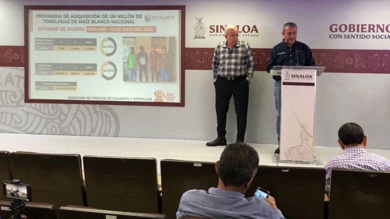 Conferencia semanera donde explican el avance en el programa de compra de maíz a productores de Sinaloa.