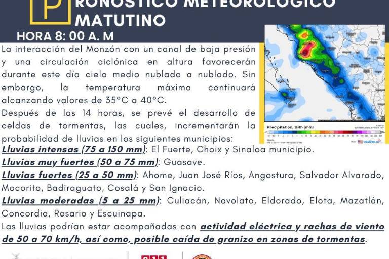 Intensas lluvias y altas temperaturas azotarán a Sinaloa este sábado