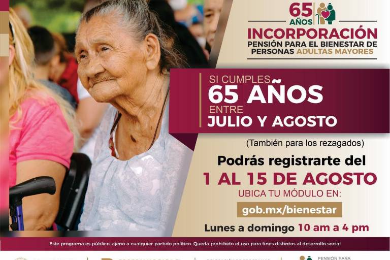 Abren registro para pensión a adultos mayores que cumplen 65 años entre julio y agosto