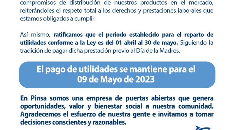 Pinsa reitera compromiso con sus trabajadores, dice en Comunicado Oficial