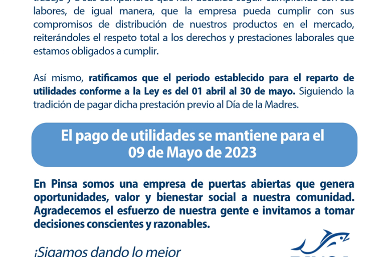 Pinsa reitera compromiso con sus trabajadores, dice en Comunicado Oficial