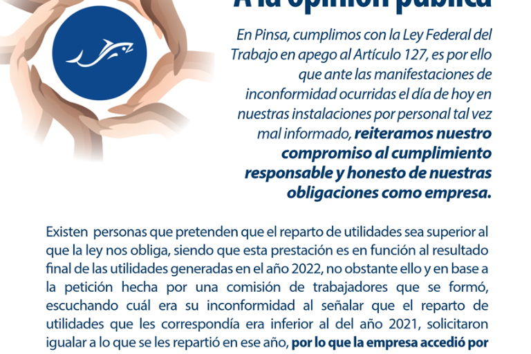 Pinsa reitera compromiso con sus trabajadores, dice en Comunicado Oficial