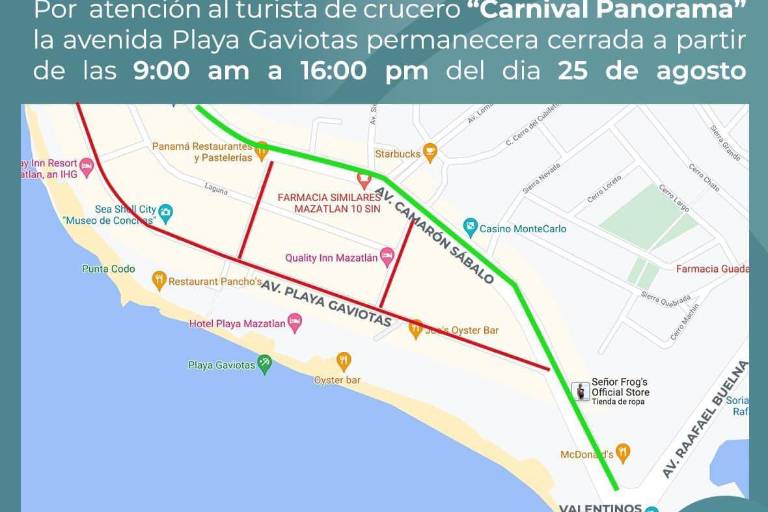 Por llegada de crucero, en Mazatlán estará cerrada a la circulación la Avenida Playa Gaviotas