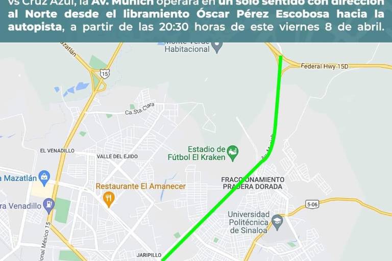 La Múnich, en Mazatlán, funcionará este viernes por la noche en un solo sentido por partido en ‘El Kraken’