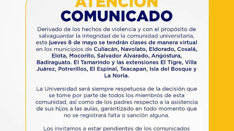Aviso de la UAS sobre las clases en línea para este jueves.