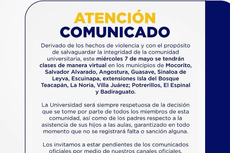 UAS a clases virtuales este miércoles por inseguridad