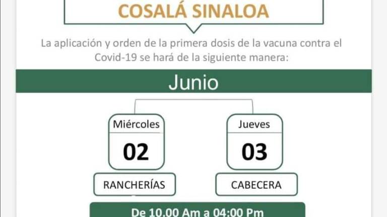 Serán dos días en los que la población de Cosalá de 40 a 49 años podrán recibir su primera dosis.