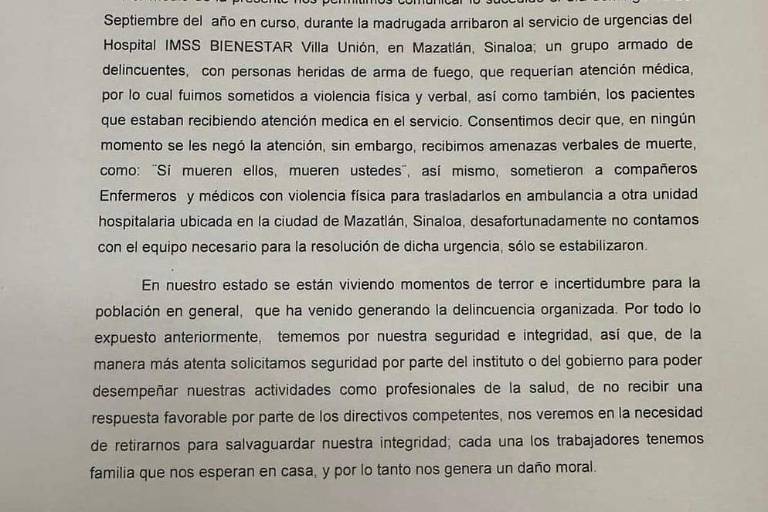 Trabajadores del IMSS Villa Unión denuncian intimidación de grupo armado para que atiendan heridos