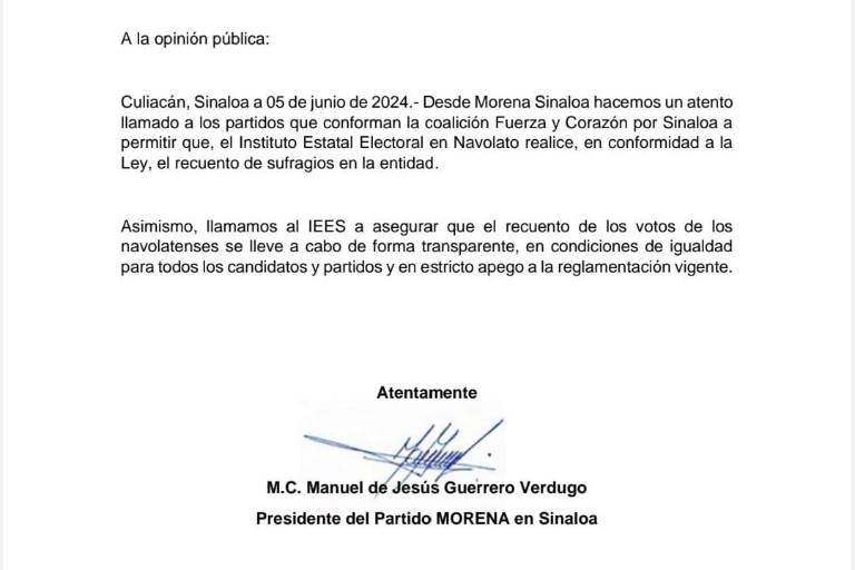 Pide Morena a oposición permitir que el INE Navolato realice el conteo de votos
