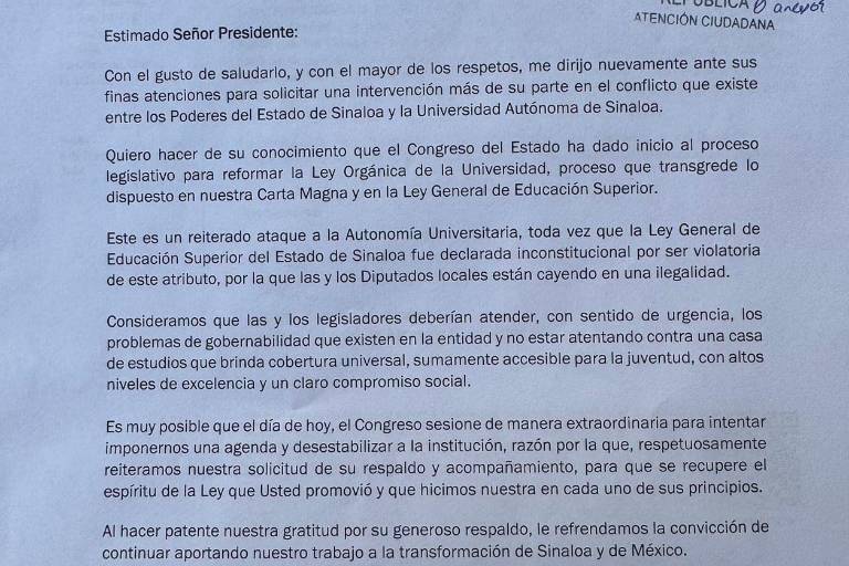 Envía Robespierre otra carta a AMLO para que intervenga en proceso de reforma a Ley Orgánica de la UAS