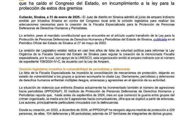 Admiten amparo por retraso en creación de Fiscalía para Defensores y Periodistas en Sinaloa