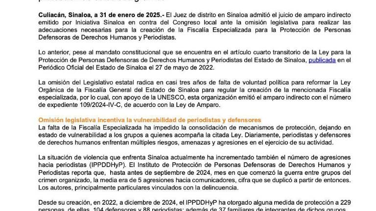 La organización Iniciativa Sinaloa informa que fue admitido un amparo por el retraso de la creación de una Fiscalía especializada.