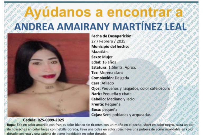 Desaparece Andrea Amairany, de 16 años, en la Zona Dorada de Mazatlán