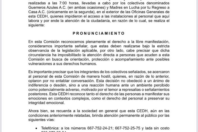 CEDH señala que manifestantes han impedido atención a víctimas al tomar oficinas en dos ocasiones