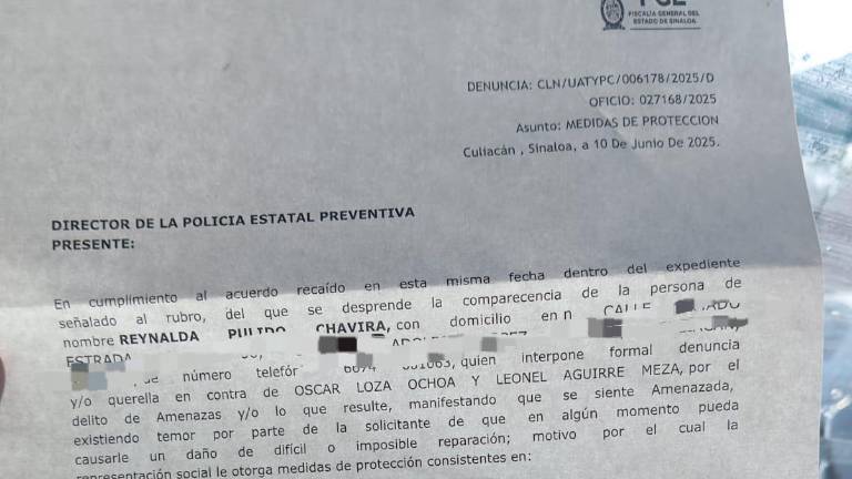 Reynalda Pulido Chavira denunció al titular de la Comisión Estatal de Derechos Humanos en Sinaloa Óscar Loza Ochoa y al activista Leonel Meza Aguirre por el delito de amenazas.