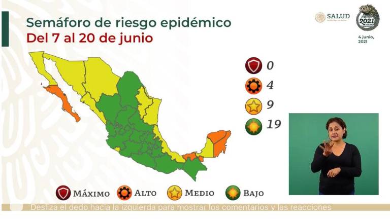 Así lucirá el semáforo epidemiológico por Covid-19 del 7 al 20 de junio.