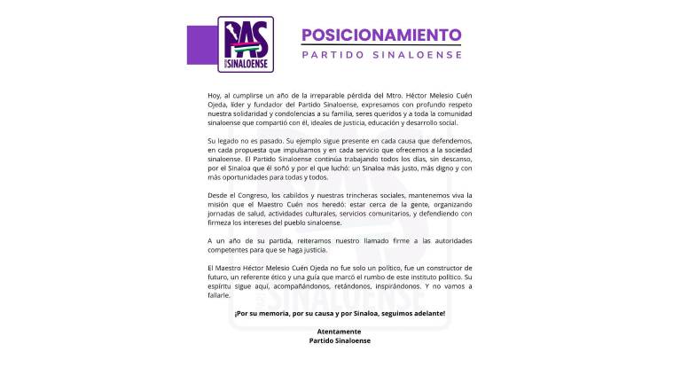 Posicionamiento del Partido Sinaloense a un año del asesinato de su fundador, Héctor Melesio Cuén Ojeda.