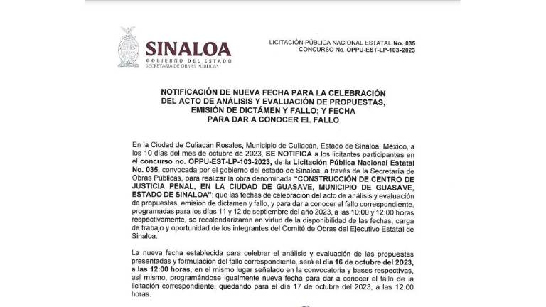 Aviso por el que se aplaza el fallo de la licitación del Centro de Justicia Penal de Guasave.