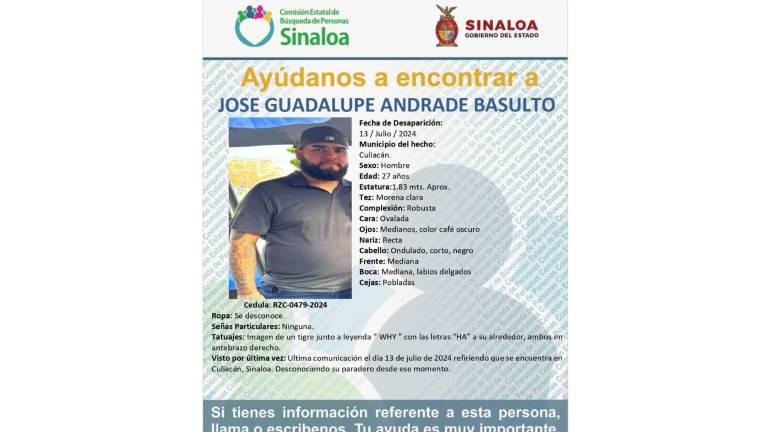 José Guadalupe Andrade Basulto desapareció en Culiacán desde julio de 2024. Autoridades piden apoyo ciudadano para localizarlo.