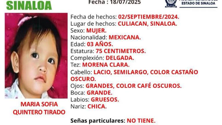 La pequeña María Sofía Quintero Tirado se encuentra desaparecida desde el pasado 2 de septiembre.