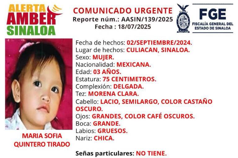 Activan Alerta Amber por desaparición de niña de 3 años en Culiacán
