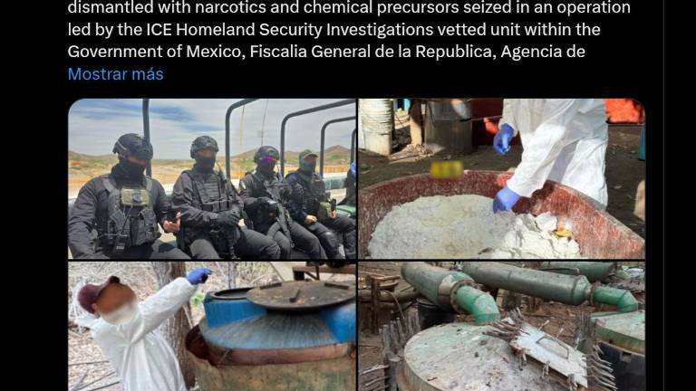 Publicación del ICE de Estados Unidos sobre los operativos contra laboratorios de drogas en Sinaloa.