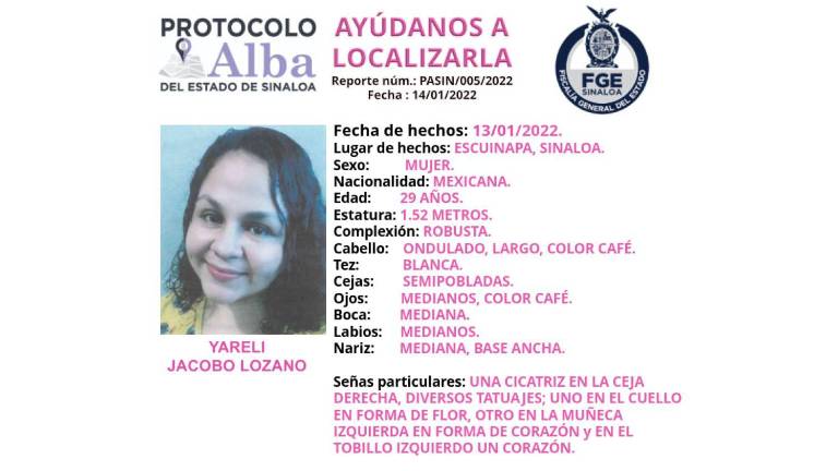 A través de una alerta de Protocolo Alba, la Fiscalía pidió el apoyo de la población en general para localizar a Yareli Jacobo Lozano.