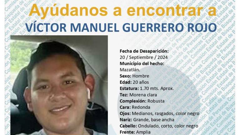 Víctor Manuel Guerrero Rojo, de 20 años, desapareció en Mazatlán. Su familia solicita ayuda para encontrarlo.
