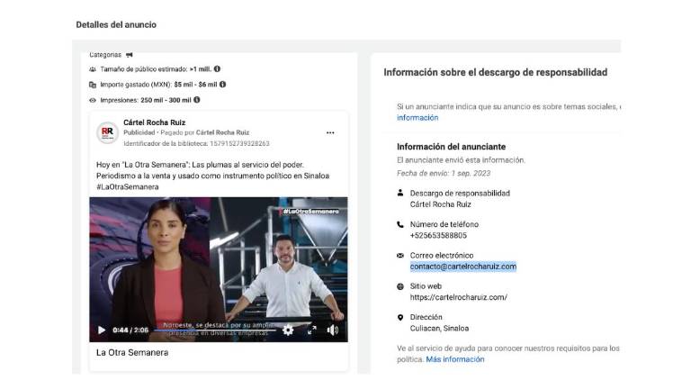 Parte de la información que difunde la página de Facebook y los datos desde donde se hacen.