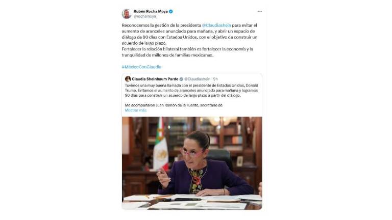 El Gobernador Rubén Rocha Moya expresa su reconocimiento a la Presidenta Claudia Sheinbaum Pardo por el acuerdo con Estados Unidos.