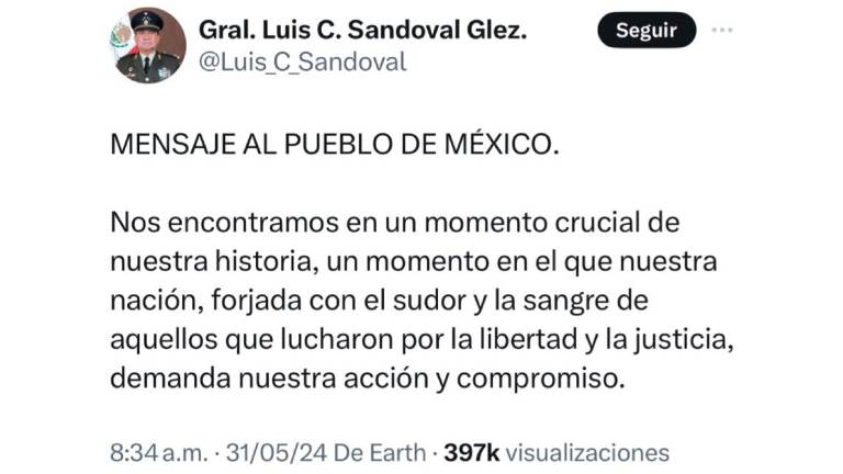 Uno de los post publicados en la red social X supuestamente del Secretario de la Defensa Nacional.