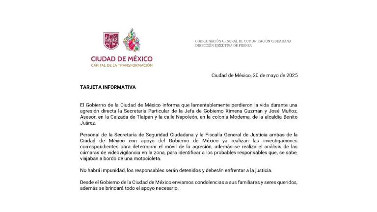 Comunicado sobre el asesinato a balazos de la secretaria particular y un asesor de Clara Brugada.