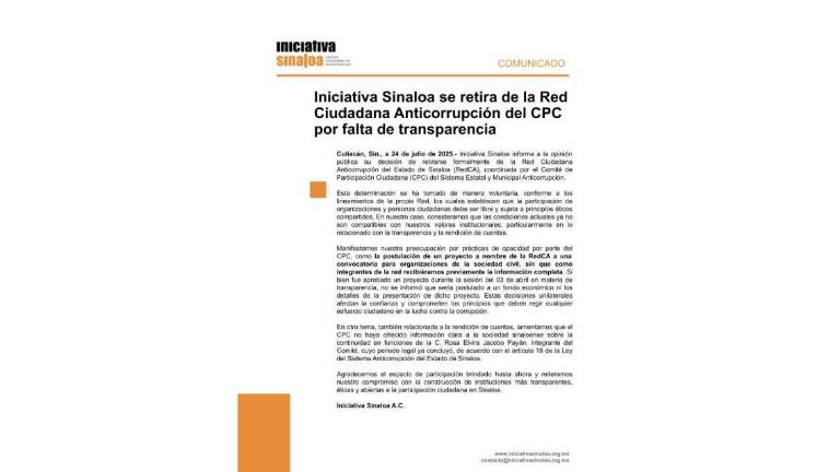 Comunicado de la organización Iniciativa Sinaloa sobre su retiro de la Red Ciudadana Anticorrupción.